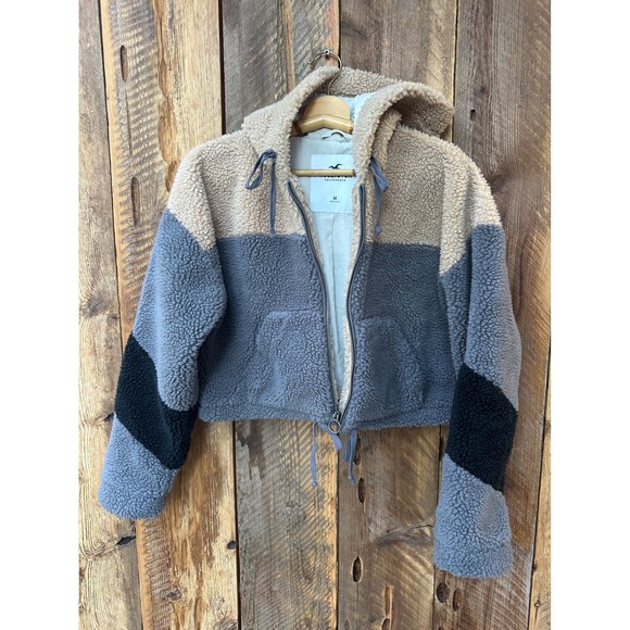 Hollister Color Block Sherpa Jacket, Full Zip Up Hoodie, Beige Gray Black - Picture 1 of 11